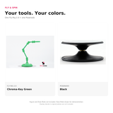 Fly & Spin: Chroma-Key Green Fly-Rig 2.0 and Black Posenado. Figure, Pose Plate and photography stands not included.