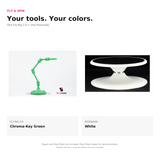 Fly & Spin: Chroma-Key Green Fly-Rig 2.0 and White Posenado. Figure, Pose Plate and photography stands not included.